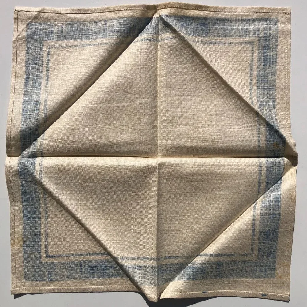 vintage Linen Napkins Cream with Blue Border 1950's set of 4 AS IS with stains